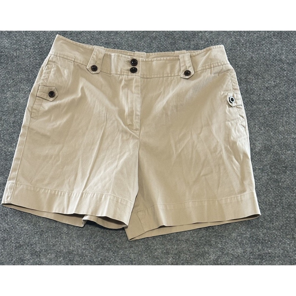 Talbots Chino Shorts Womens 12 Khaki Beige Stretch Flat Front Casual Zip Pockets